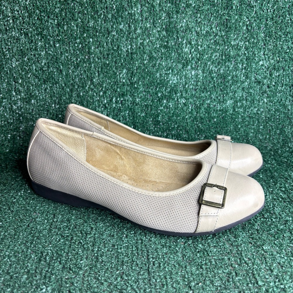 Solanz Charlotte Buckle Slip-On‎ Casual Comfort Ballet Flat Beige Womens 11 Wide